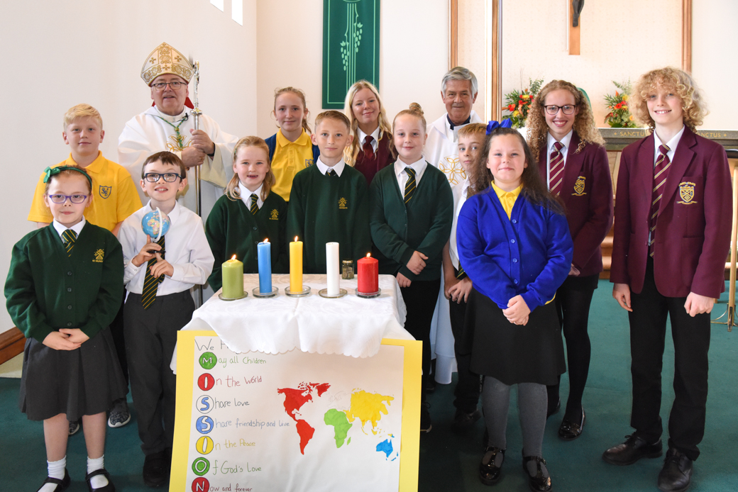 Bishop Stephen and Fr Mike with pupils from St Bernadette's Primary, St Mungo's Primary and St Modan's High School.